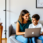 **Image of a modern Portuguese family learning about cryptocurrency investments:** A bright, inviting living room in Portugal. A family (mother, father, teenage child) is gathered around a laptop, looking at graphs and charts related to Bitcoin. The image should convey a sense of trust and financial literacy.  Include Portuguese decor elements. Keywords: family-friendly, safe for work, financial education, Portugal, Bitcoin, graphs, charts, modern interior, fully clothed, appropriate content, professional lighting, high resolution.