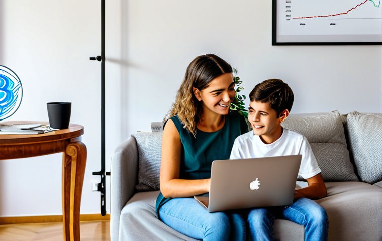 **Image of a modern Portuguese family learning about cryptocurrency investments:** A bright, inviting living room in Portugal. A family (mother, father, teenage child) is gathered around a laptop, looking at graphs and charts related to Bitcoin. The image should convey a sense of trust and financial literacy.  Include Portuguese decor elements. Keywords: family-friendly, safe for work, financial education, Portugal, Bitcoin, graphs, charts, modern interior, fully clothed, appropriate content, professional lighting, high resolution.