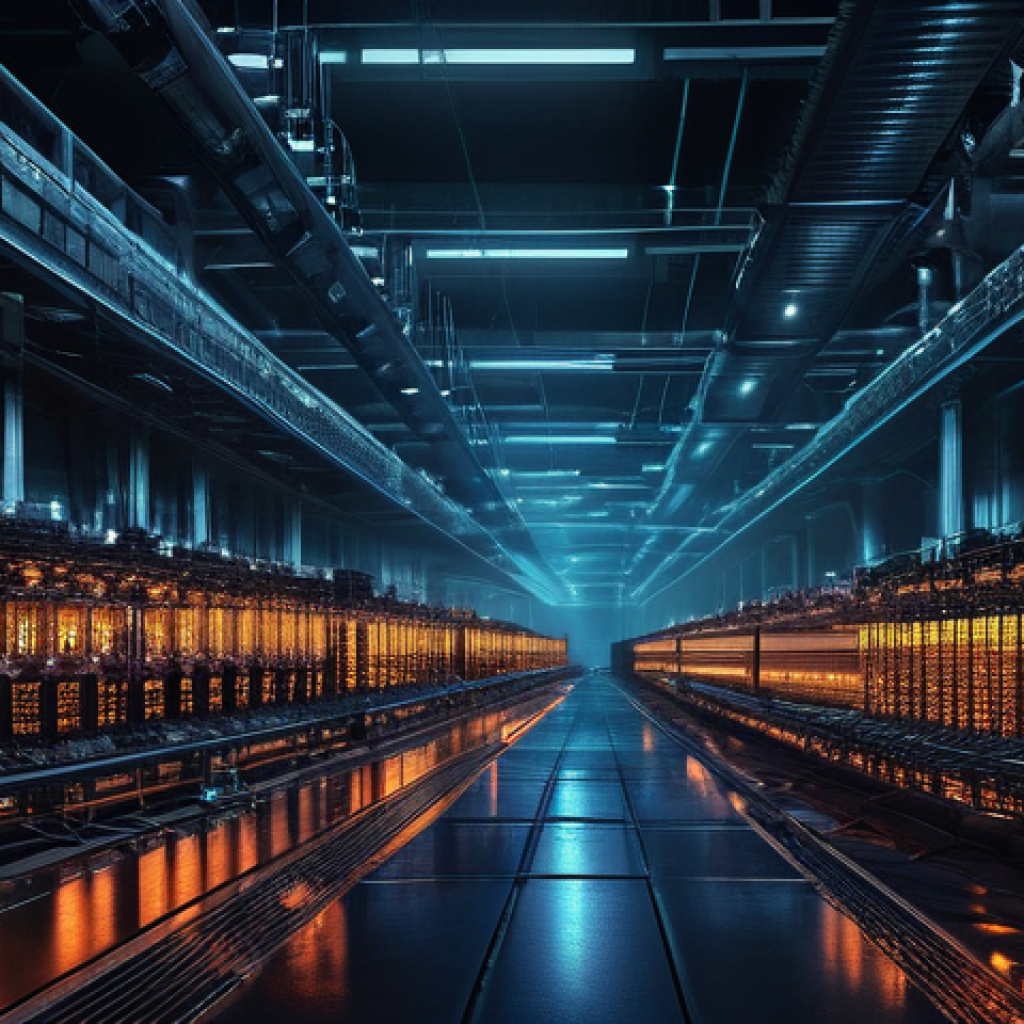 디지털화폐의 기후 변화 영향 - **Prompt: "A sprawling, futuristic cryptocurrency mining farm at night, illuminated by the glow of t...