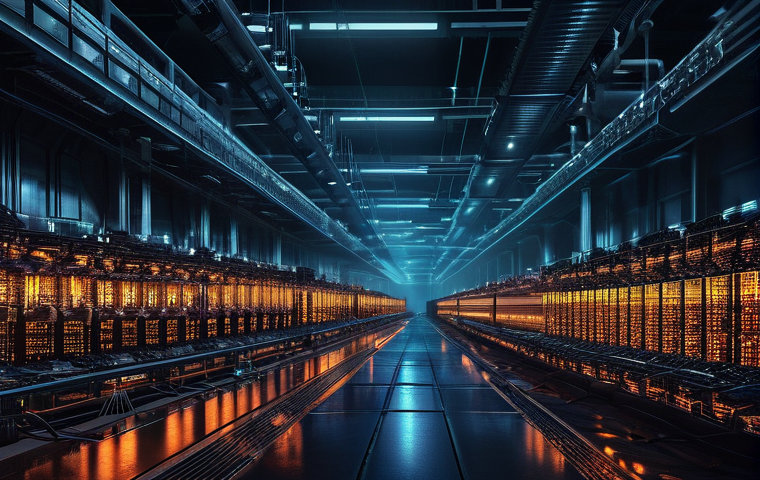 디지털화폐의 기후 변화 영향 - **Prompt: "A sprawling, futuristic cryptocurrency mining farm at night, illuminated by the glow of t...