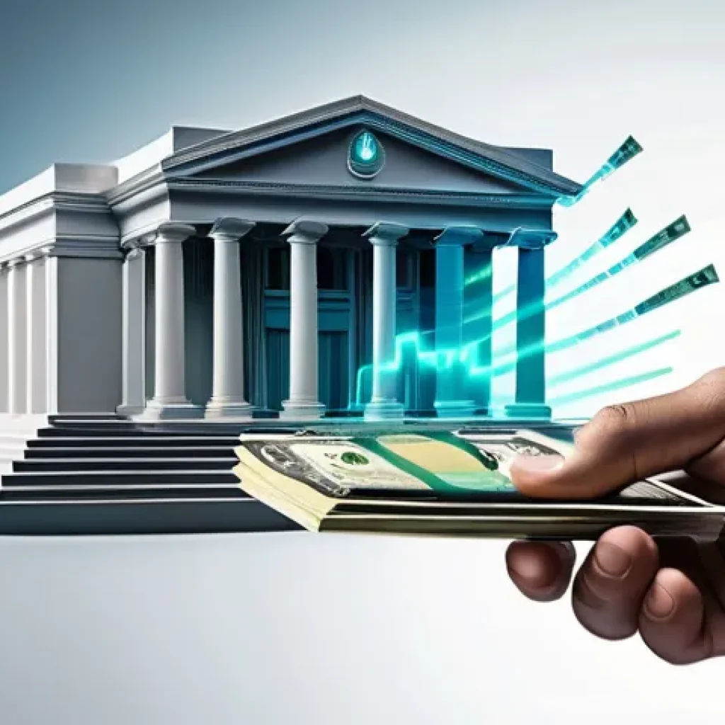 디지털화폐 발행 절차 - **Prompt:** A dynamic, high-tech illustration depicting the evolution of money. On one side, a hand ...