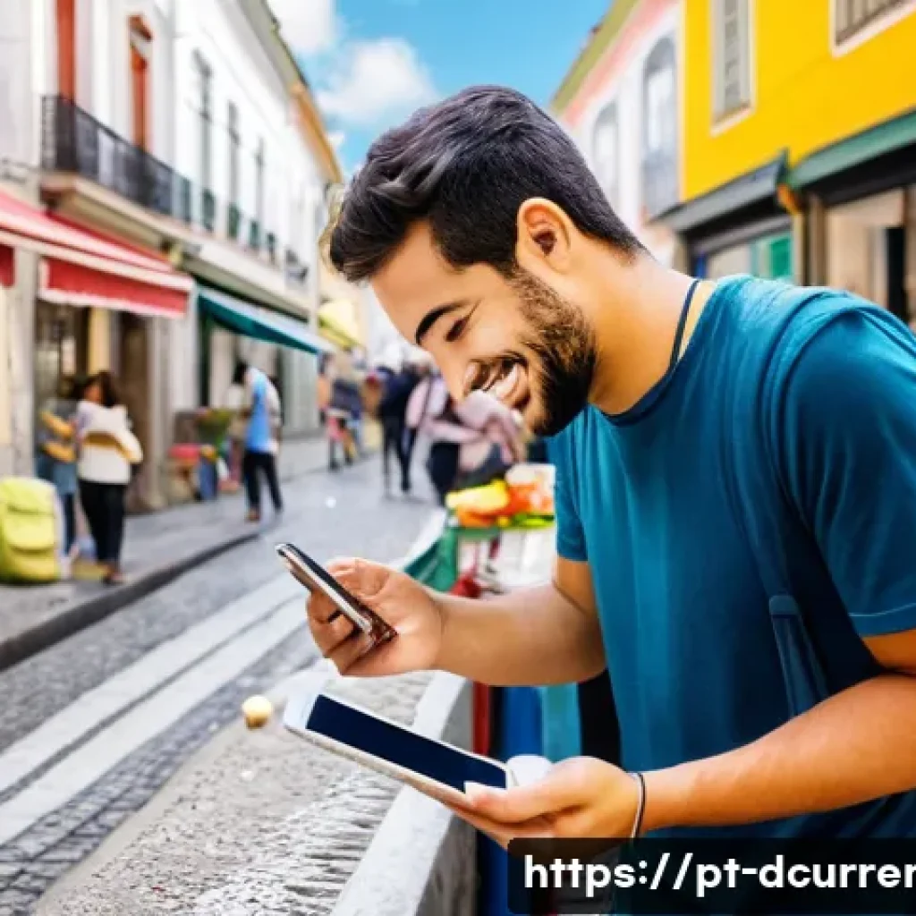 디지털화폐의 금융 산업 변화 - **Prompt:** A vibrant, bustling street scene in a modern city, possibly Lisbon or São Paulo. Diverse...