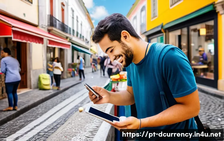 디지털화폐의 금융 산업 변화 - **Prompt:** A vibrant, bustling street scene in a modern city, possibly Lisbon or São Paulo. Diverse...