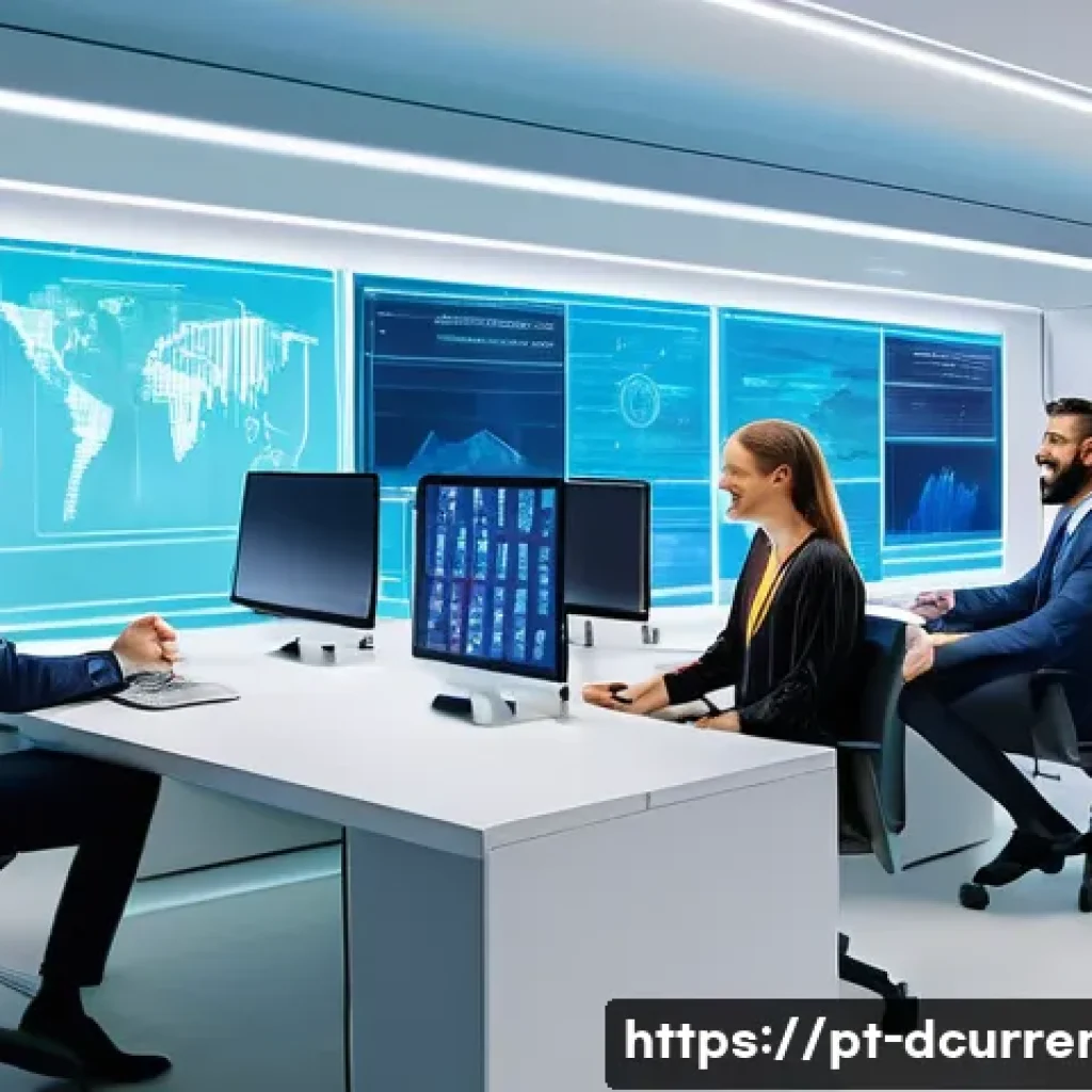 디지털화폐의 스마트 계약 - **Prompt:** A vibrant, futuristic office environment filled with diverse, professionally dressed ind...