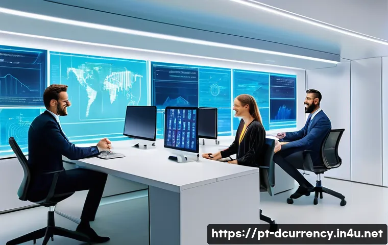 디지털화폐의 스마트 계약 - **Prompt:** A vibrant, futuristic office environment filled with diverse, professionally dressed ind...