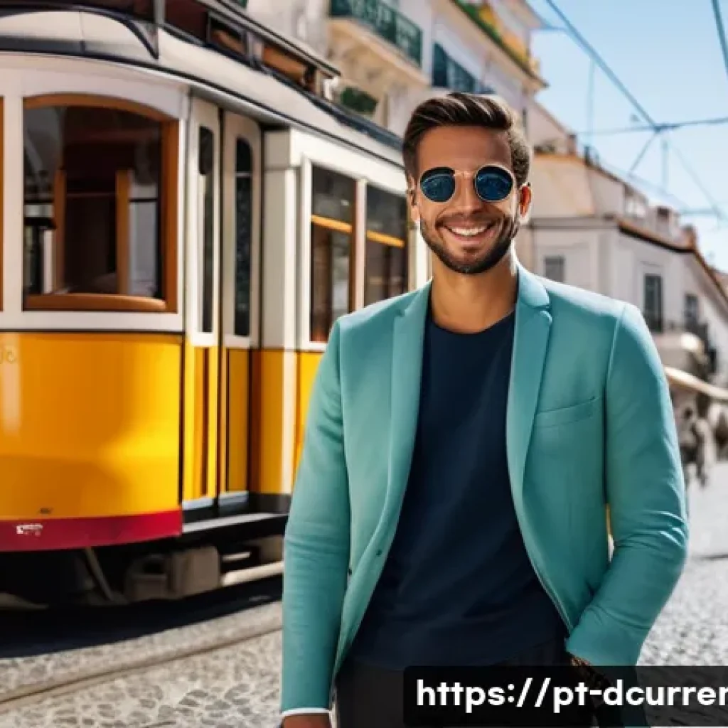 디지털화폐의 탈중앙화적 특성 - **Prompt:** "A Portuguese individual, casually but stylishly dressed, stands confidently on a modern...