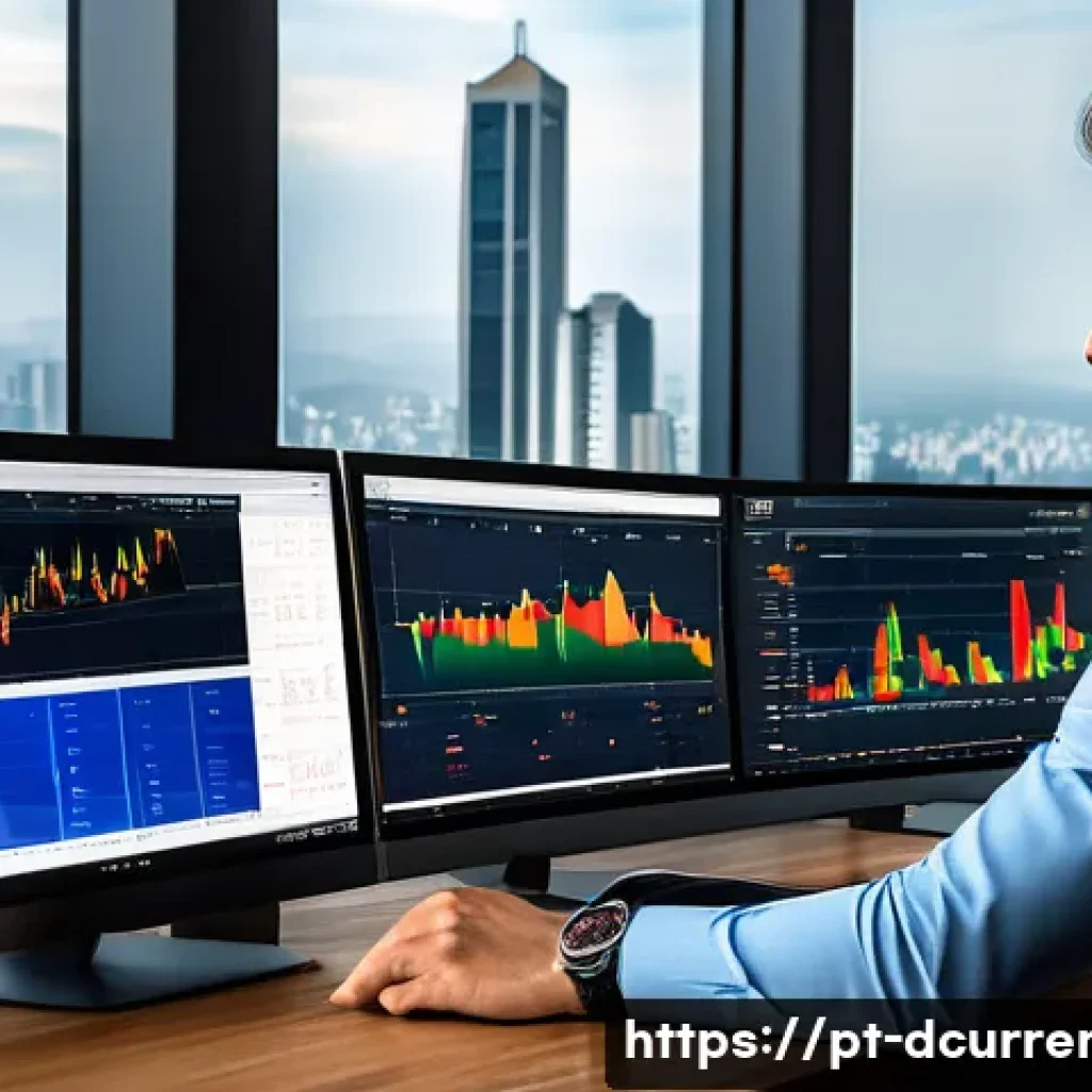 디지털화폐 차트 분석 - A detailed, modern cryptocurrency trading desk scene in São Paulo, Brazil, featuring a young profess...