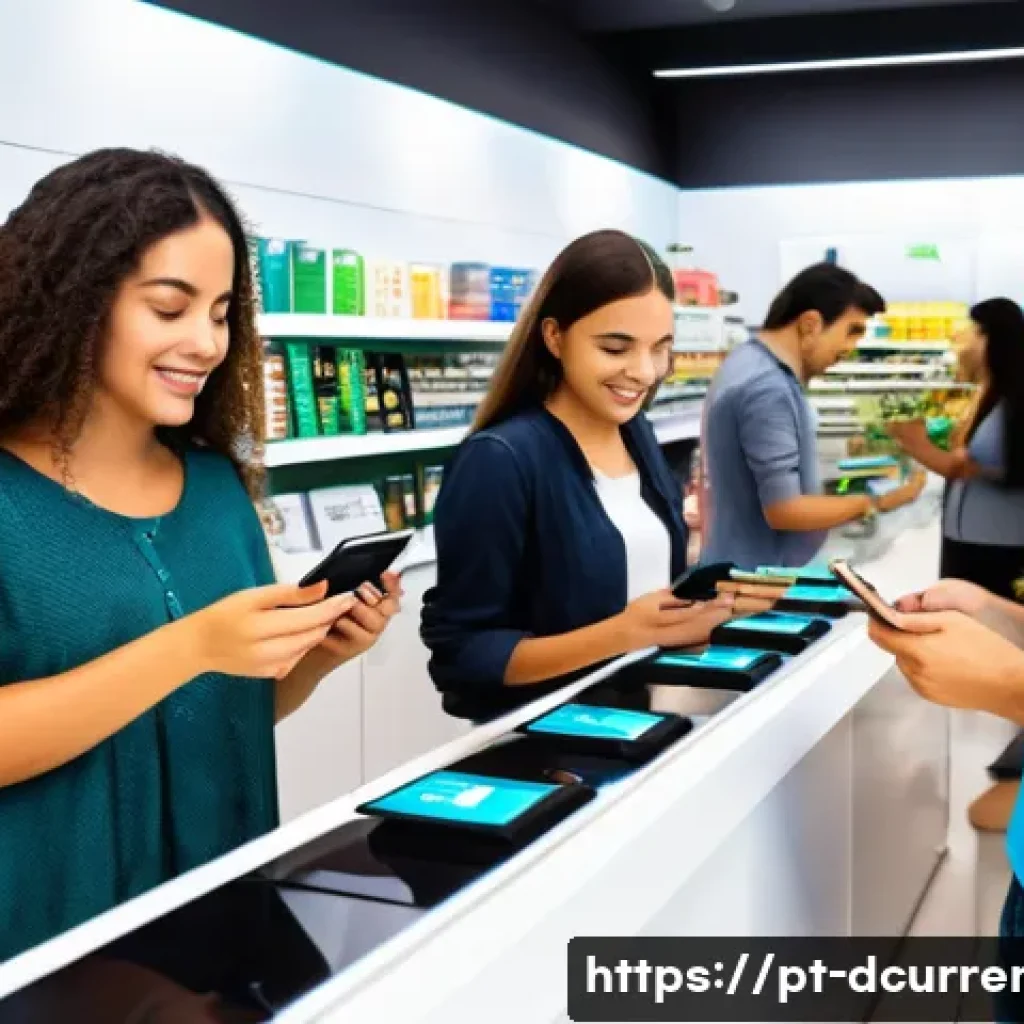 디지털화폐와 디지털 화폐 시장의 트렌드 - A modern Brazilian retail store scene showing a diverse group of customers using smartphones to make...