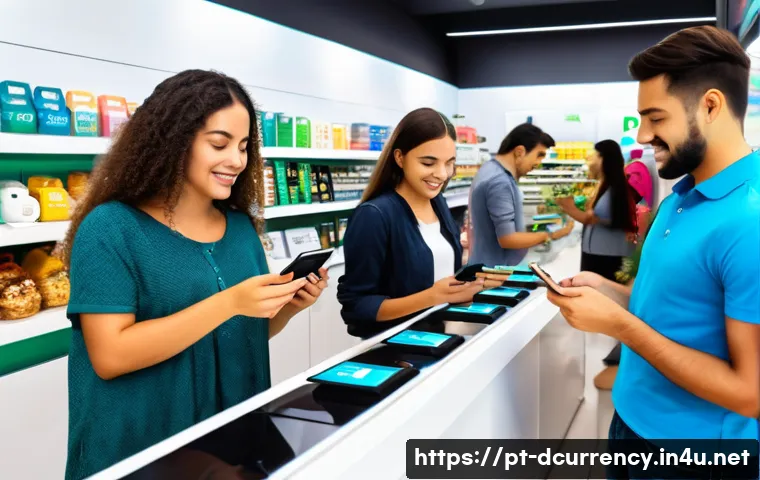디지털화폐와 디지털 화폐 시장의 트렌드 - A modern Brazilian retail store scene showing a diverse group of customers using smartphones to make...