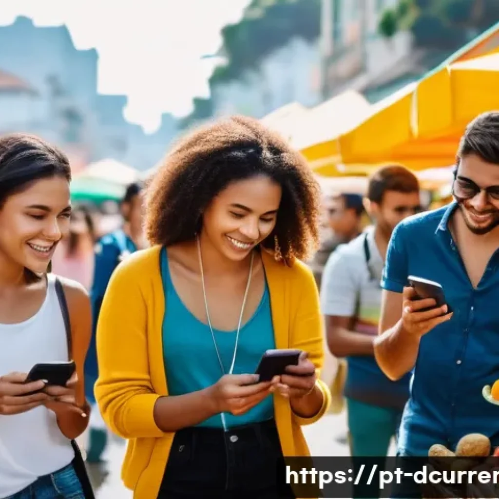 디지털화폐와 블록체인 기술 혁신 - A modern Brazilian urban scene showing a diverse group of young adults using smartphones and digital...