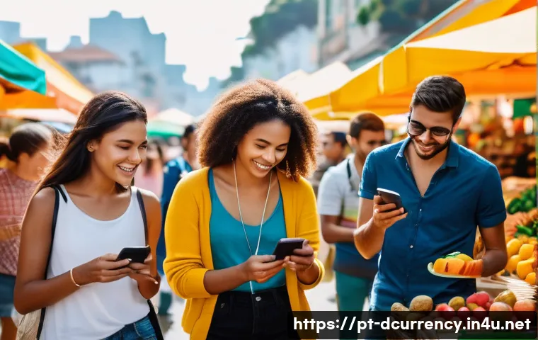 디지털화폐와 블록체인 기술 혁신 - A modern Brazilian urban scene showing a diverse group of young adults using smartphones and digital...