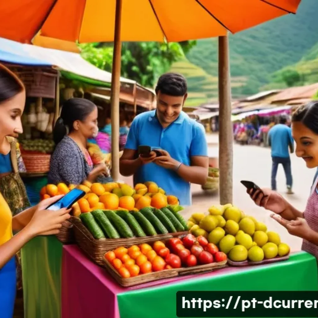 디지털화폐와 경제 발전 - A vibrant Latin American rural market scene showing diverse small business owners using smartphones ...