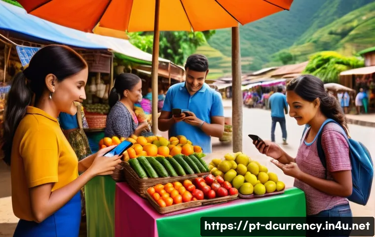 디지털화폐와 경제 발전 - A vibrant Latin American rural market scene showing diverse small business owners using smartphones ...