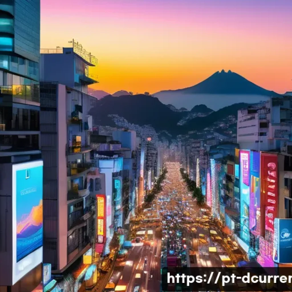 디지털화폐의 기술적 발전 동향 - A futuristic Brazilian cityscape at dusk, showcasing advanced blockchain infrastructure integrated i...