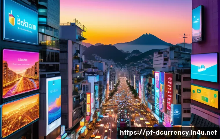 디지털화폐의 기술적 발전 동향 - A futuristic Brazilian cityscape at dusk, showcasing advanced blockchain infrastructure integrated i...