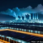 디지털화폐와 환경 문제 - A detailed, futuristic data center filled with rows of high-powered cryptocurrency mining rigs glowi...