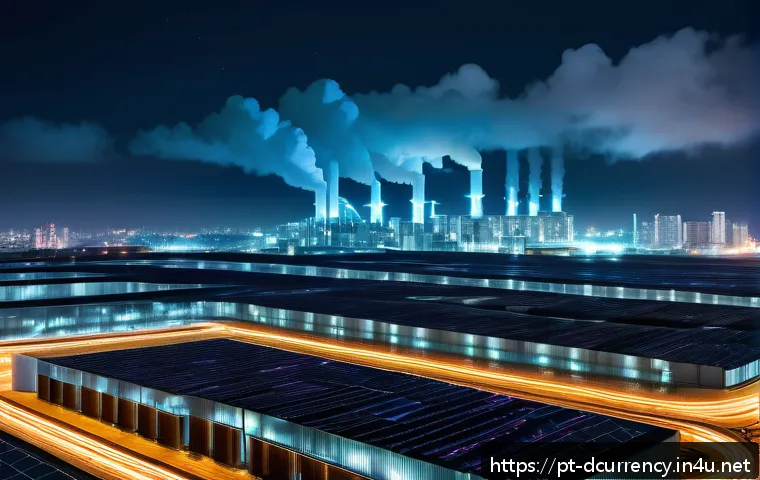 디지털화폐와 환경 문제 - A detailed, futuristic data center filled with rows of high-powered cryptocurrency mining rigs glowi...