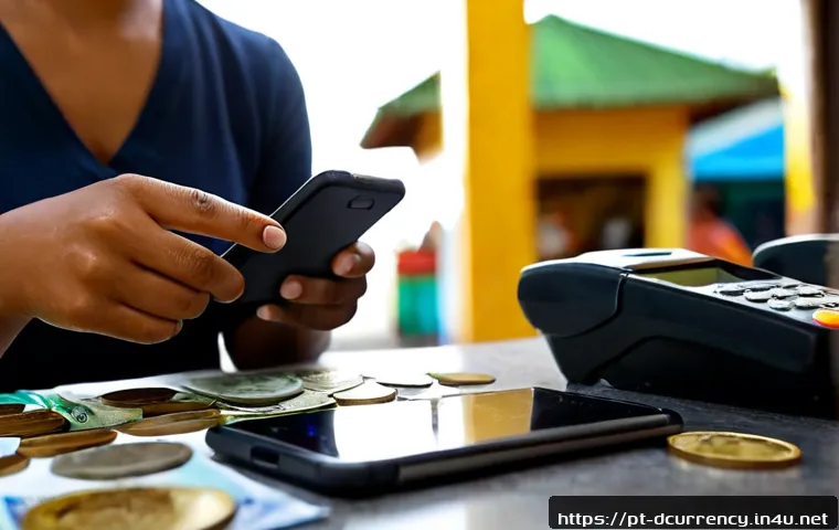 디지털화폐의 가치 저장 및 유통 - Photorealistic close-up of a Brazilian small business owner using a smartphone for a secure digital ...