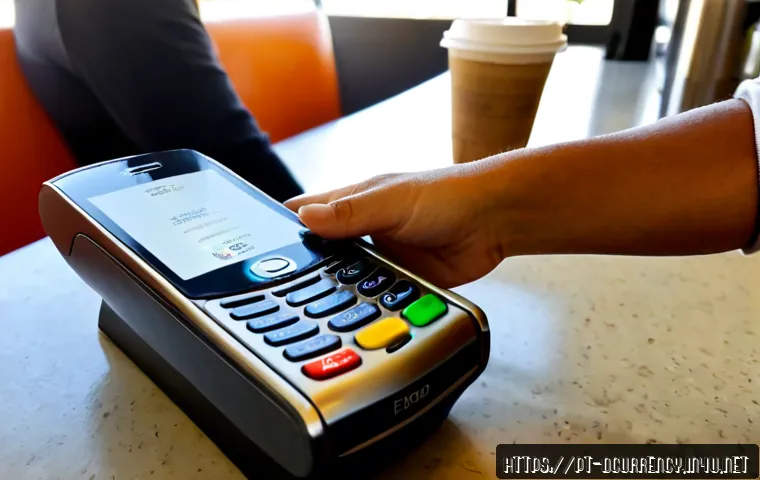 디지털화폐와 블록체인 기반 결제 시스템 - Photorealistic close-up of a Portuguese shopper paying at a modern Lisbon café counter with a contac...